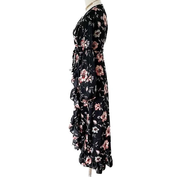 MISA Los Angeles Luna Black Floral Satin Balloon Sleeve Wrap Dress size S small - Picture 5 of 10